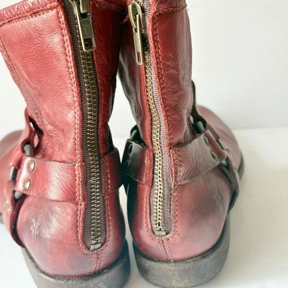 Frye Red Leather Phillip Harness Ankle Boots - Picture 6 of 9